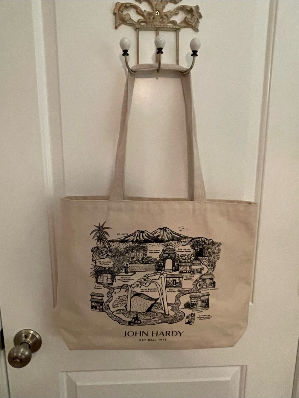 John Hardy Natural Canvas Tote with Black Graphic Map